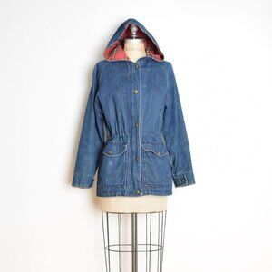 vintage 90s L.L. Bean denim chore barn coat jean jacket red plaid lining hood M